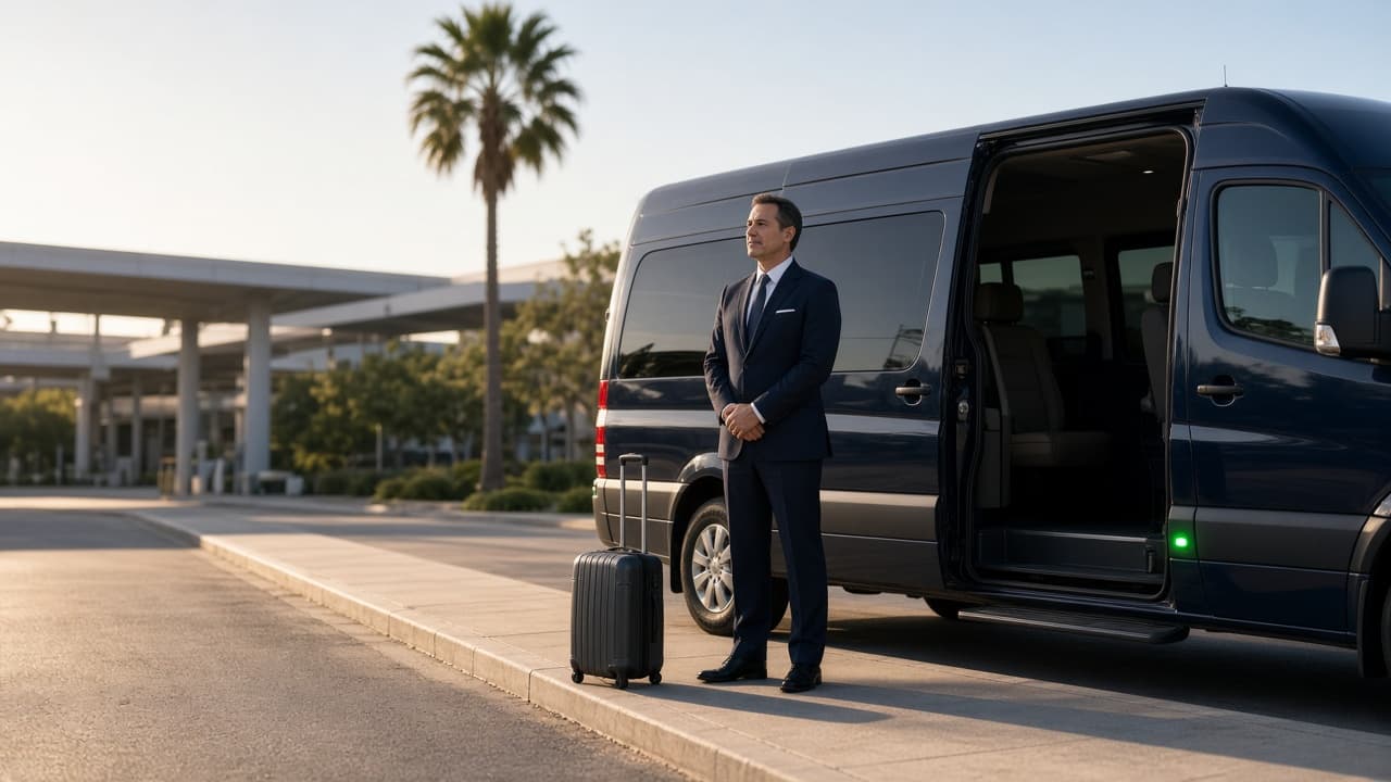 A chauffeur beside a navy executive van at an airport curb, with a suitcase and the side door open